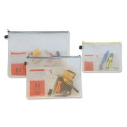 INDX Zip Pouch Reinforced Mesh-weave PVC Clear with Coloured Seal W345xD15xH260mm A4 Blue Ref ZPBLU