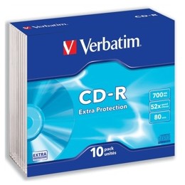 Verbatim CD-R Recordable Disk Slim Cased Write-once 52x Speed 80 Min 700Mb Ref 43415 [Pack 10]