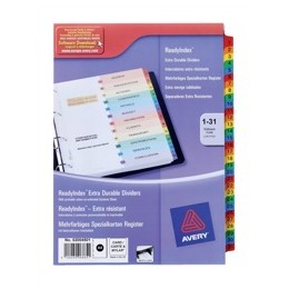 Avery ReadyIndex Dividers Card with Coloured Contents Sheet Matching Mylar Tabs 1-31 Ref 2004501