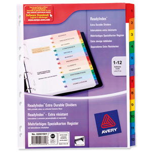 Avery ReadyIndex Dividers with Coloured Contents Sheet Matching Mylar Tabs Extra Wide 1-12 Ref 2001501
