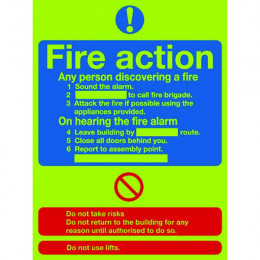 Photoluminescent Sign:Fire Action 300x250mm Self Adhesive