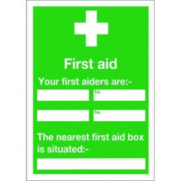 Safety Sign:Your First Aiders Names, Numbers and Nearest First Aid Box 600x450mm Self Adhesive