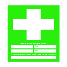 Safety Sign:Your First Aiders Names, Numbers and Nearest First Aid Box 600x450mm PVC