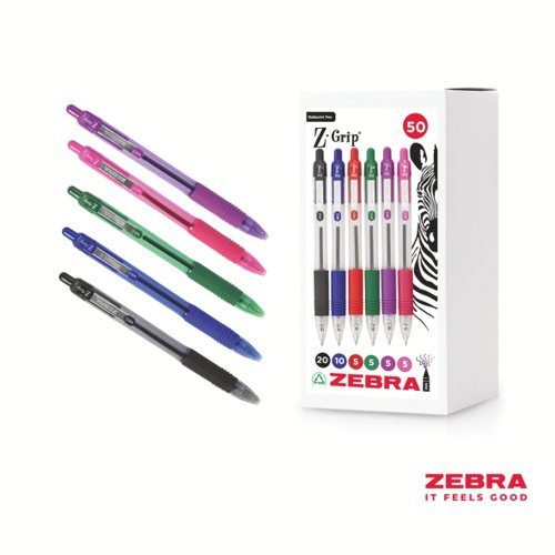 Zebra Z-Grip Retractable Ballpoint Pen Assorted Ink 50 Pack