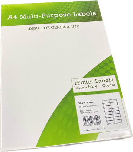 Value Compatible A4 Multipurpose Labels 16 Per Sheet 99.1x34mm (White) [Pack of 100]