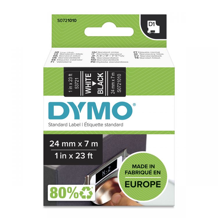 Dymo 53721 24mm x 7m White on Black Tape