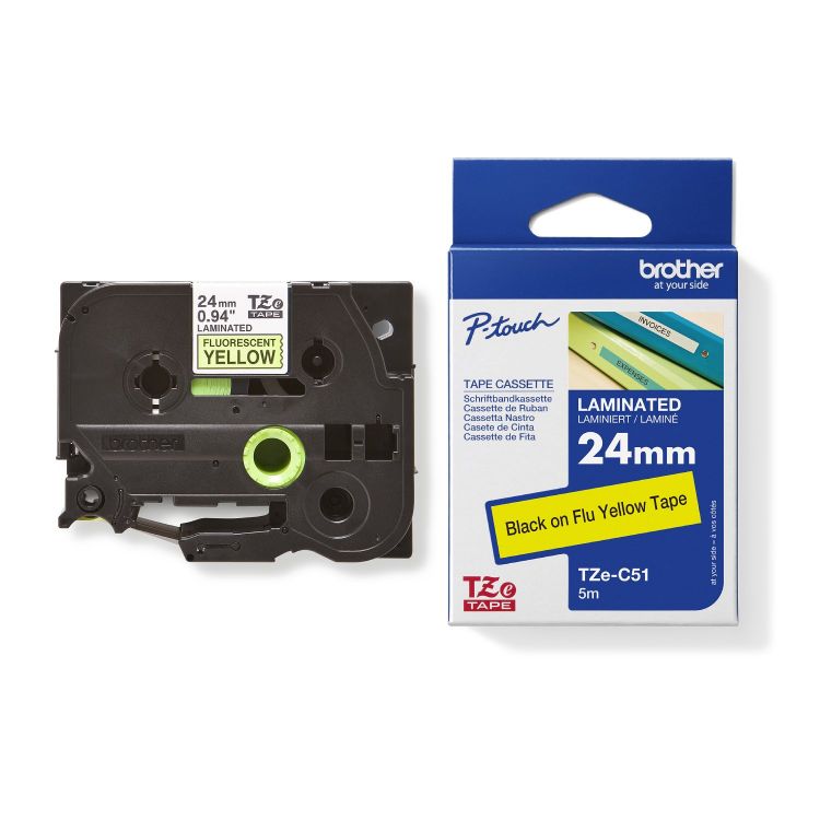 Brother TZEC51 Black on Yellow 5m x 24mm Fluorescent Tape