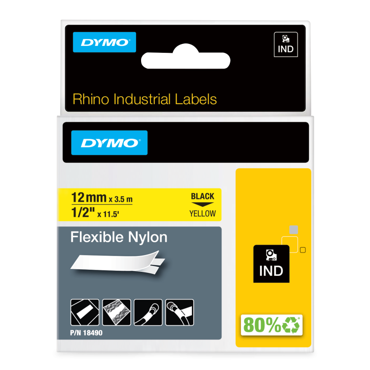 Dymo 18490 12mm x 3.5m Black On Yellow Flexible Nylon Tape - S0718080 alternative image 1