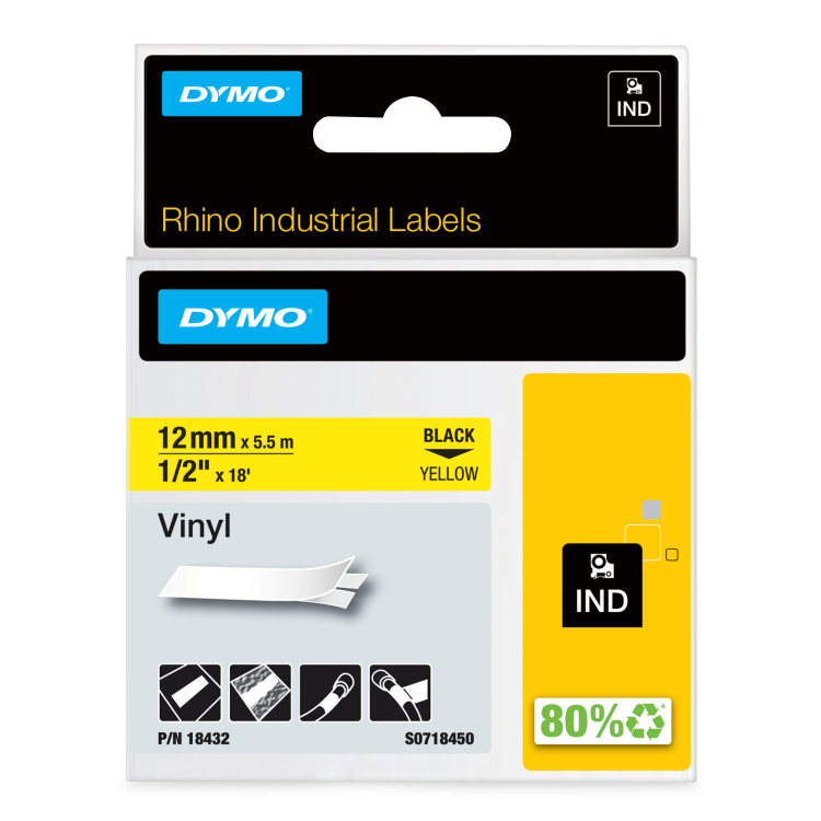 Dymo 18432 12mm Yellow Vinyl Tape - S0718450