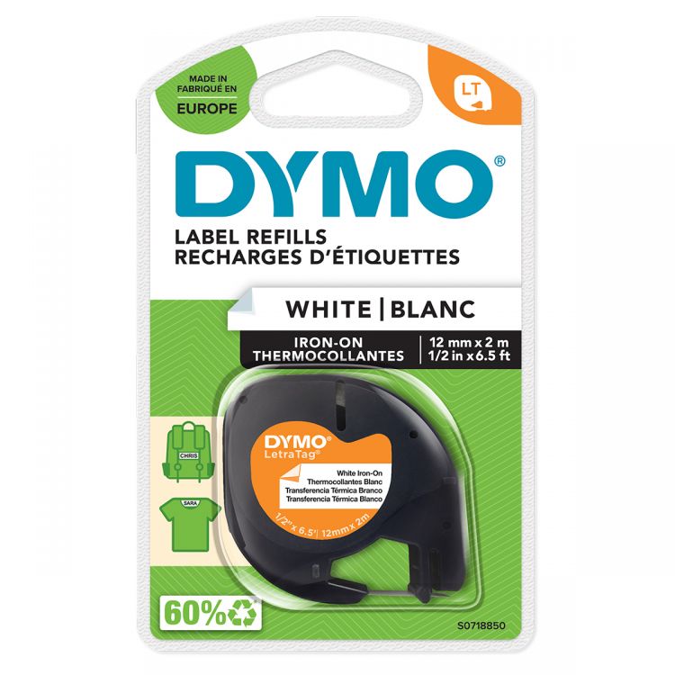 Dymo 18769 12mm x 2m Black on White Iron on Tape