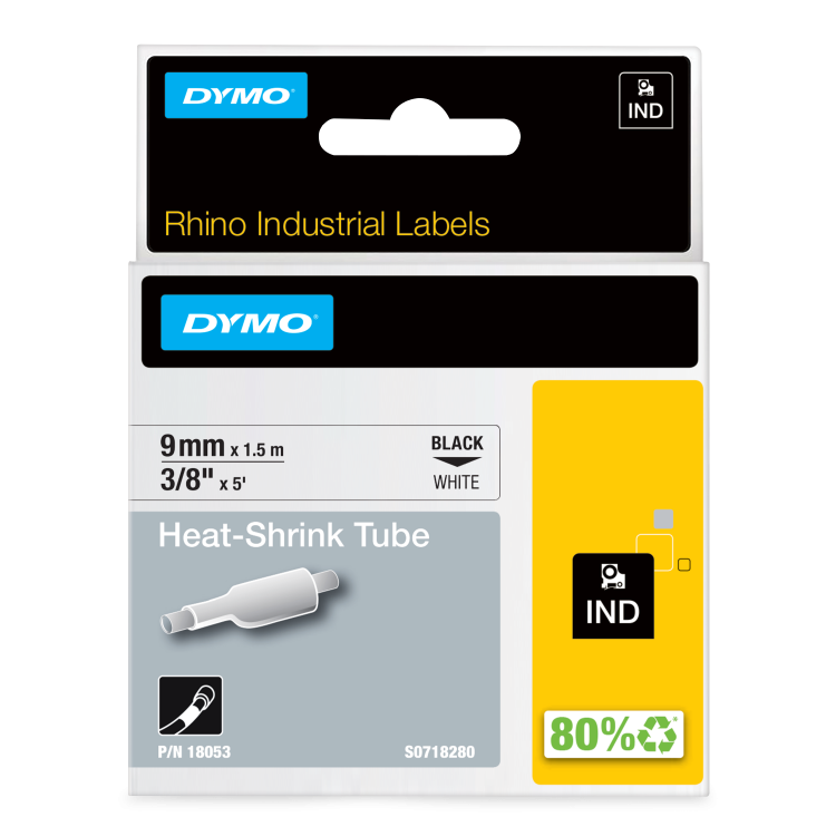 Dymo 18053 Rhino 9mm Black on White Heat Shrink Tube - S0718280 alternative image 1