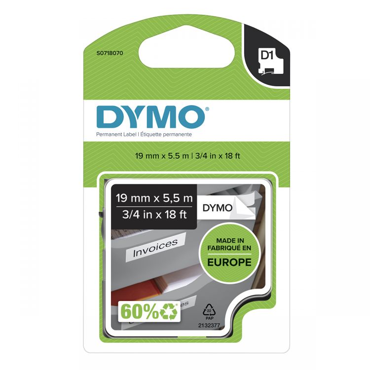 Dymo 16960 19mm x 5.5m Black on White Polyester labels