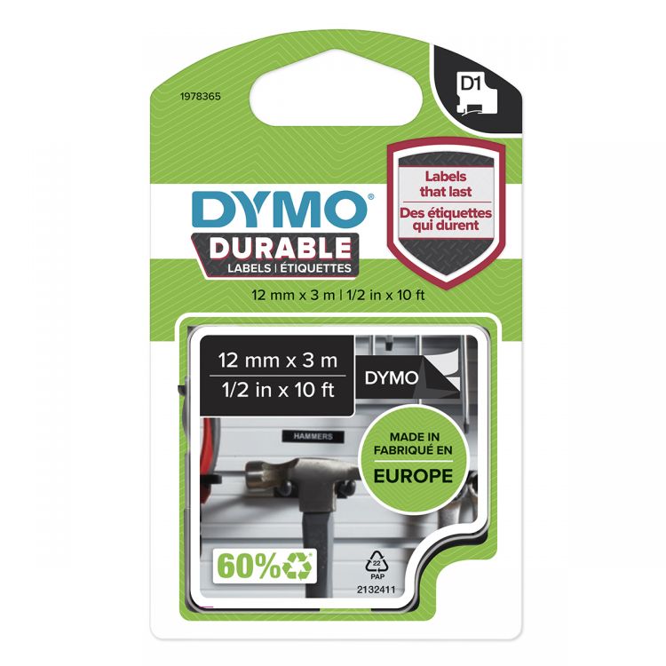 Dymo 1978365 D1 Durable 12mm x 3M Tape White on Black