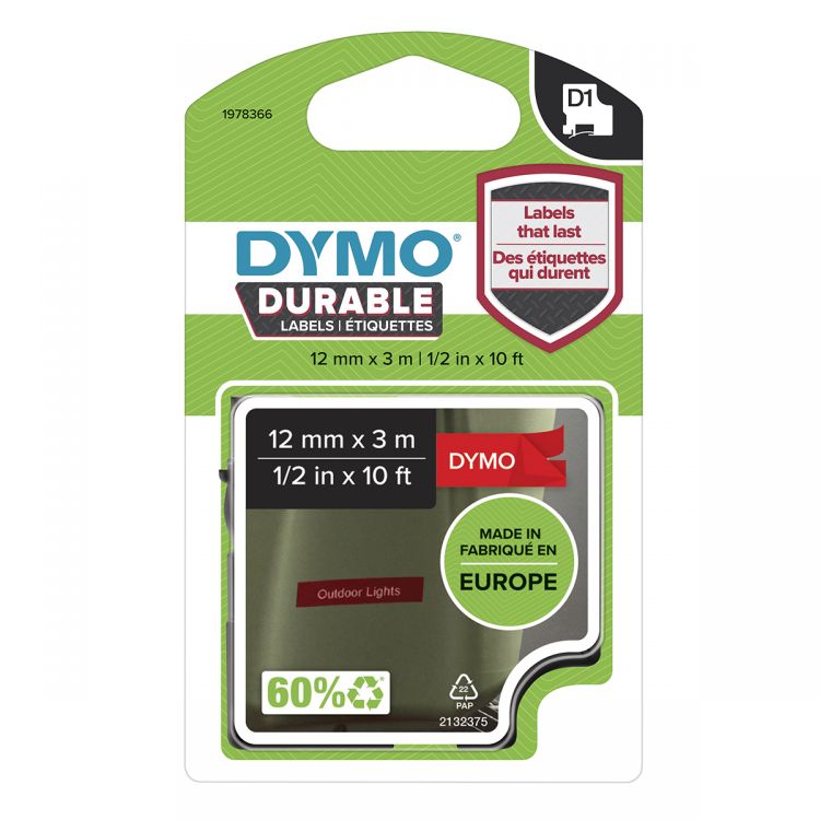 Dymo 1978366 D1 Durable 12mm x 3M Tape White on Red