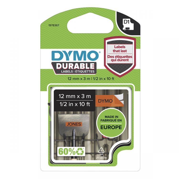 Dymo 1978367 D1 Durable 12mmx3m Tape Black on Orange