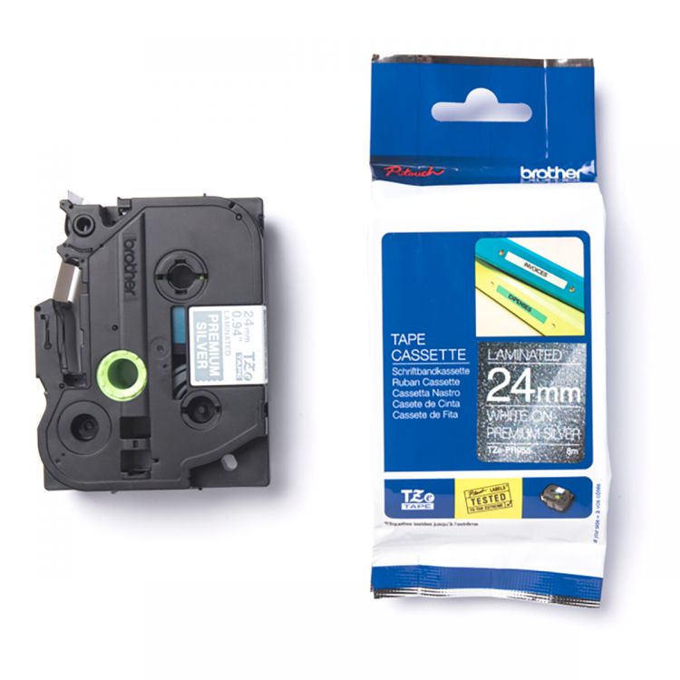 Brother TZE-PR955 White on Silver 8m x 24mm Premium Tape