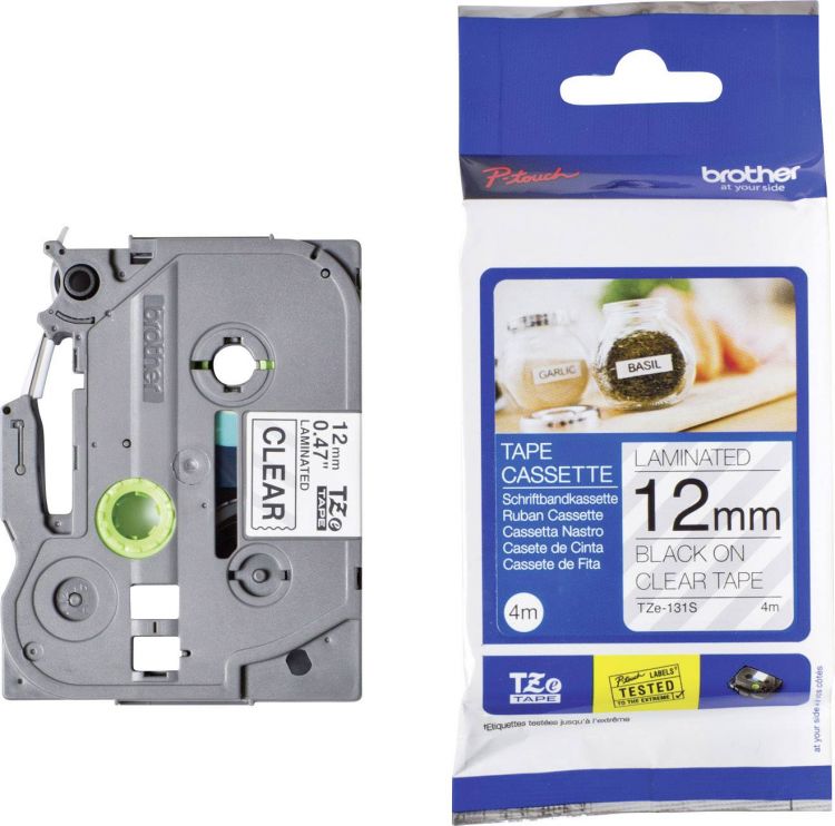 Brother TZE131S Black on Clear 4m x 12mm Gloss Tape