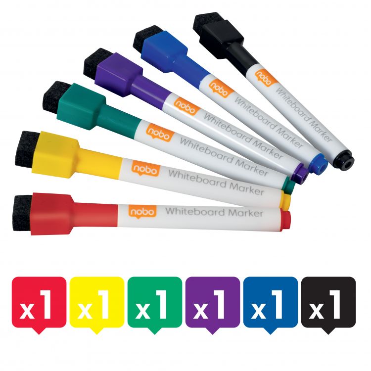 Nobo Assorted Colour Mini Whiteboard Pen with Magnet and Eraser Cap [Pack of 6]