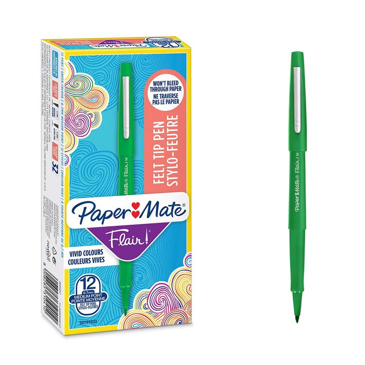 PaperMate S0191033 Flair Pen 0.7 - 1mm Medium Tip Green Ink Box of 12