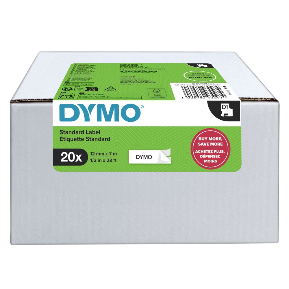 Dymo 45013 D1 12mm x 7m Black on White Tape [Pack of 20]