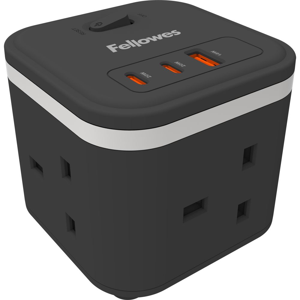 Fellowes Power Cube 3 Sockets, 1 USB-A and 2 USB-C Ports Black