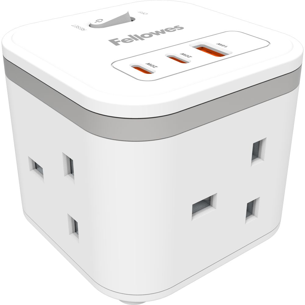 Fellowes Power Cube 3 Sockets, 1 USB-A and 2 USB-C Ports White