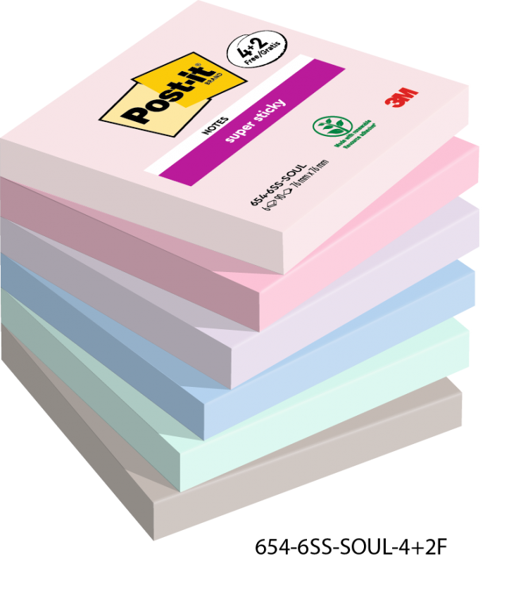 Post it Pack of 6 Super Sticky Notes Soulful Colours 76x76mm 90 Sheets