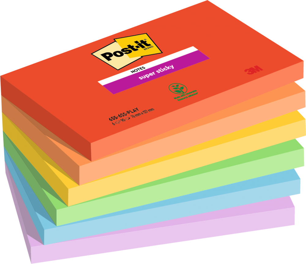Post it Pack of 6 Super Sticky Notes Playful Colours 76x127mm 90 Sheet