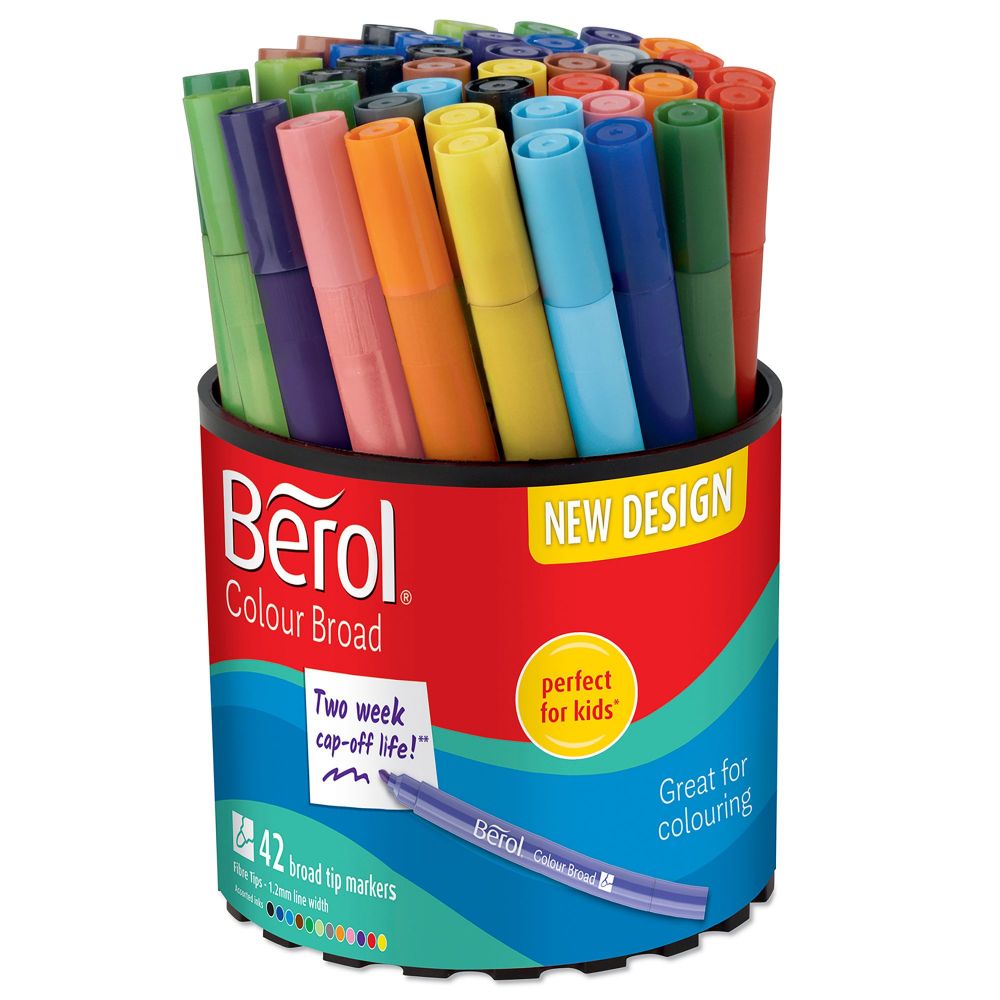 Berol 2057597 Broad Felt Tip Colouring Pens Assorted colours 1.2mm Tub of 42