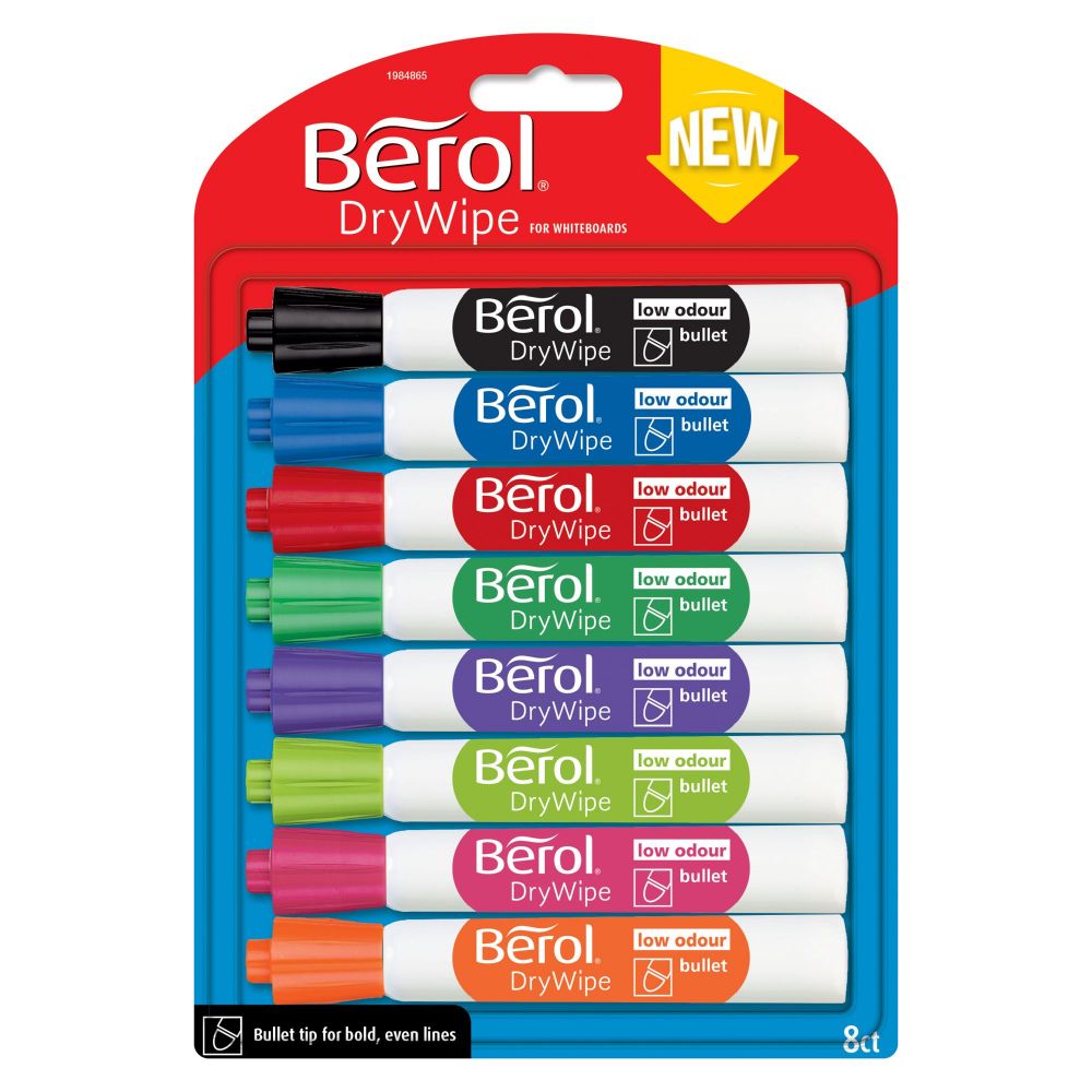 Berol Dry Wipe Whiteboard Marker Pens Assorted colours Bullet Tip [Pack of 8]