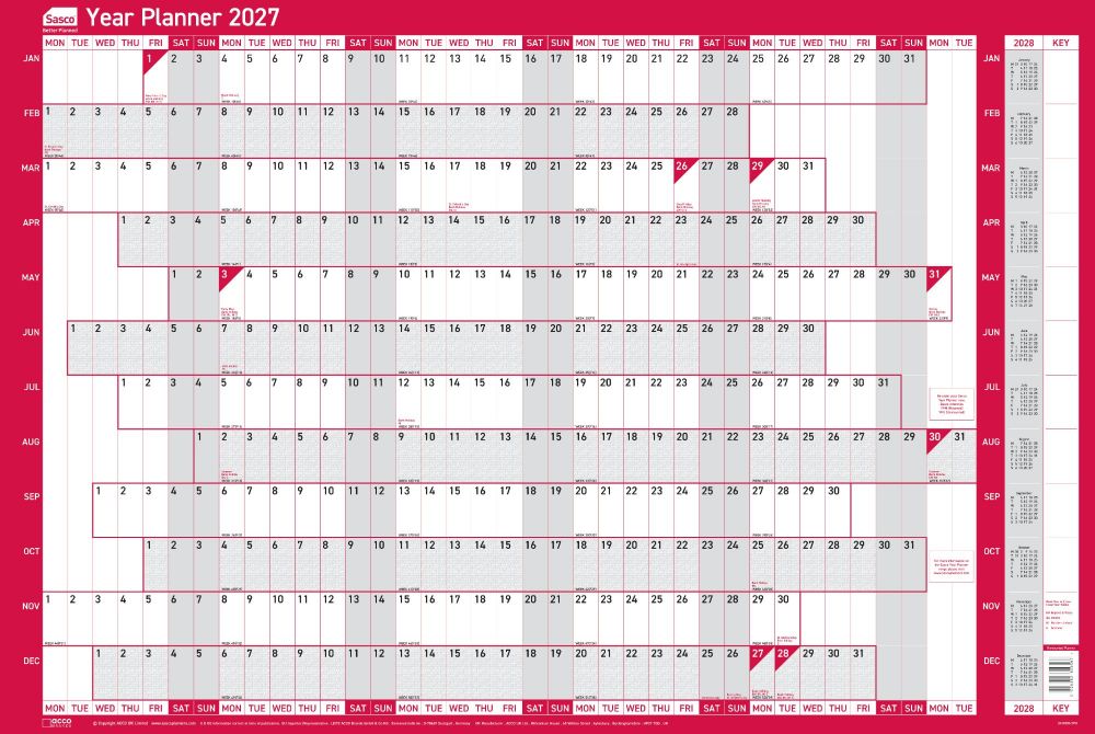 Sasco 2027 Unmounted Original Year Wall Planner 915x610mm