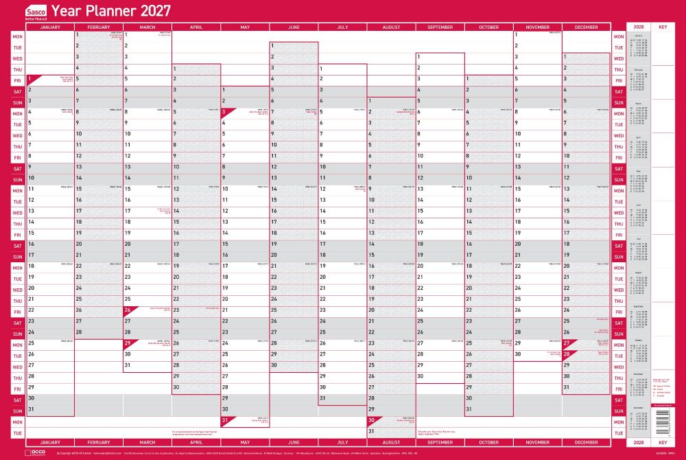 Sasco 2027 Vertical Unmounted Original Year Wall Planner 915x610mm