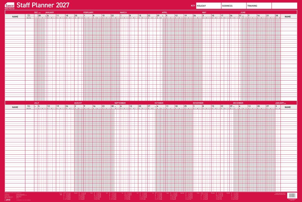 Sasco 2027 Unmounted Staff Year Wall Planner 915x610mm