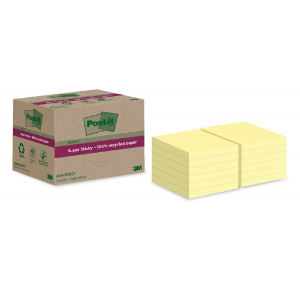 Post-It Super Sticky 100% Recycled Notes Canary Yellow 76x76mm [Pack of 12]