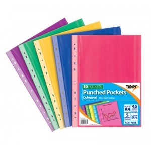 Tiger A4 Coloured Punched Pockets [Pack of 50]