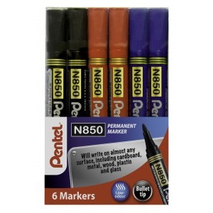 Pentel N850 Permanent Marker Bullet-Tip 2.1mm Line Assorted [Pack of 6]