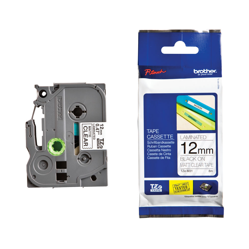 Brother TZEM31 Black on Clear 8m x 12mm Matt Tape