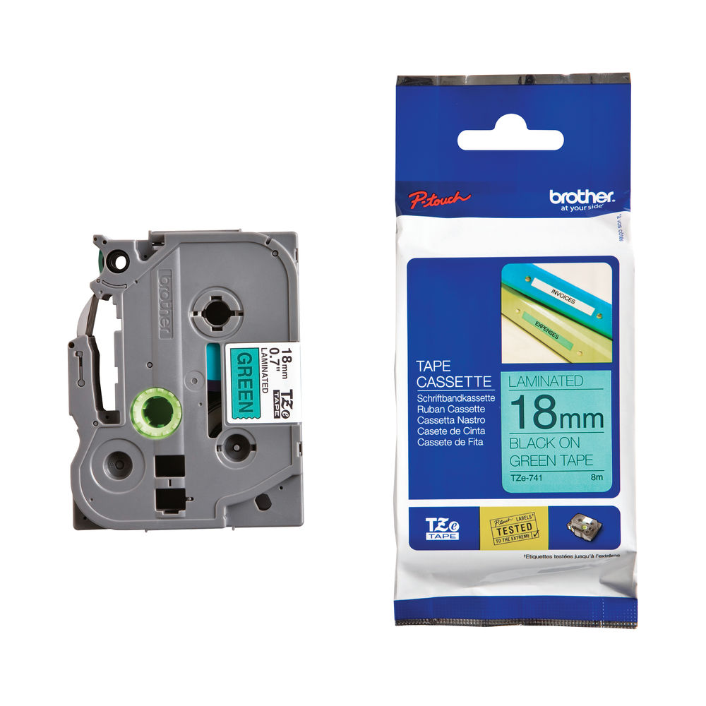 Brother TZE741 Black on Green 8m x 18mm Gloss Tape