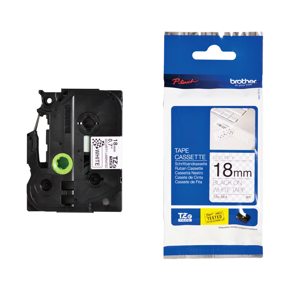 Brother TZESE4 Black on White 8m x 18mm Security Tape