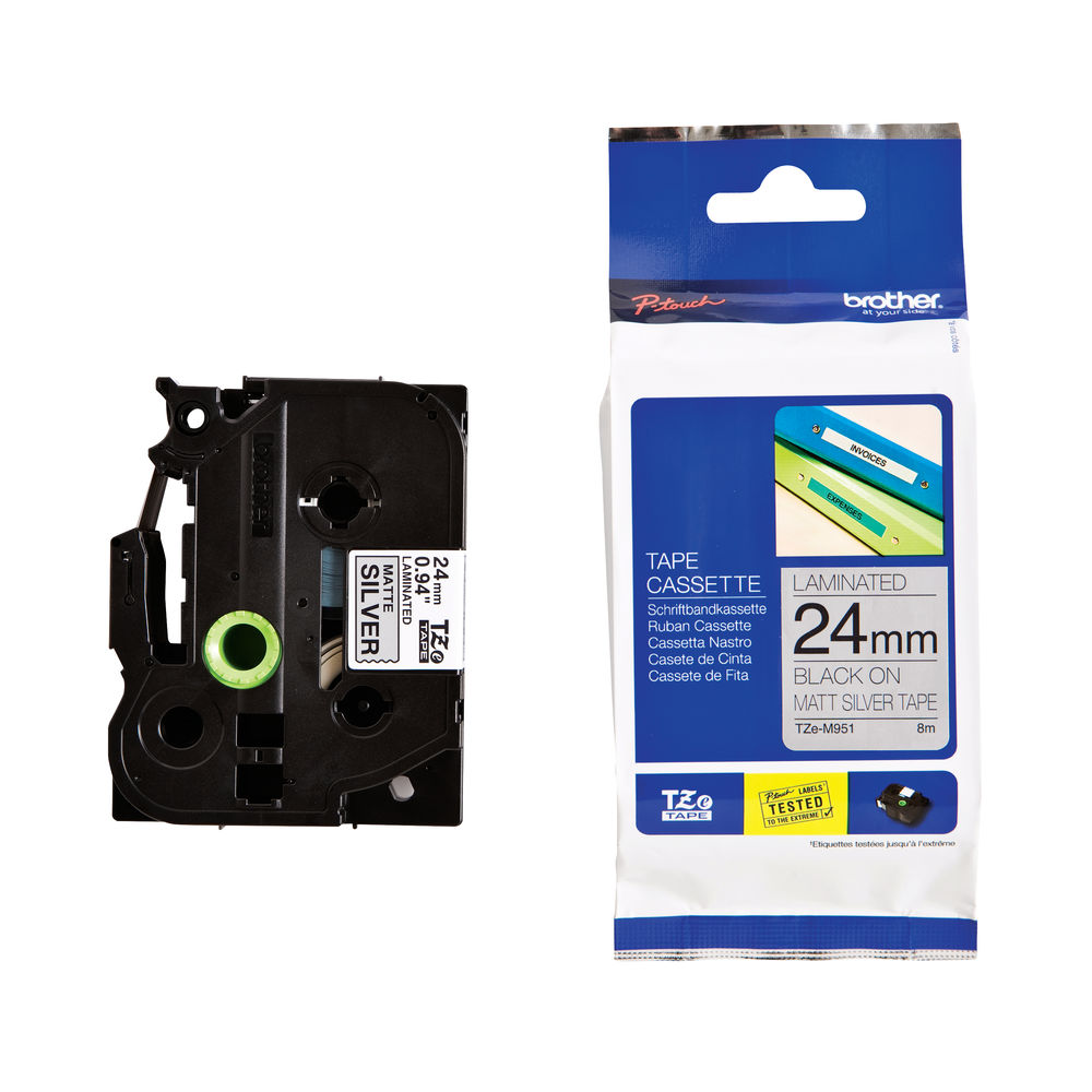 Brother TZEM951 Black on Silver 8m x 24mm Matt Tape