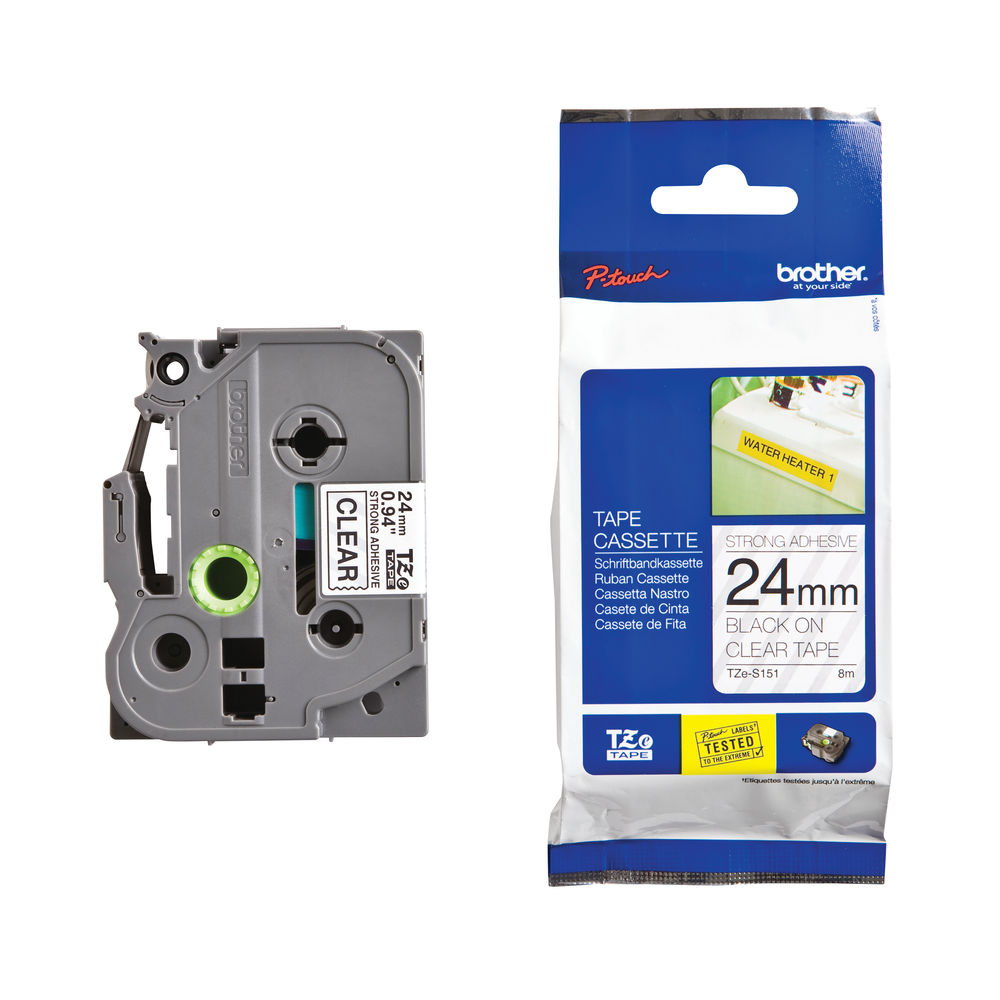 Brother TZES151 Black on Clear 8m x 24mm Strong Adhesive Tape