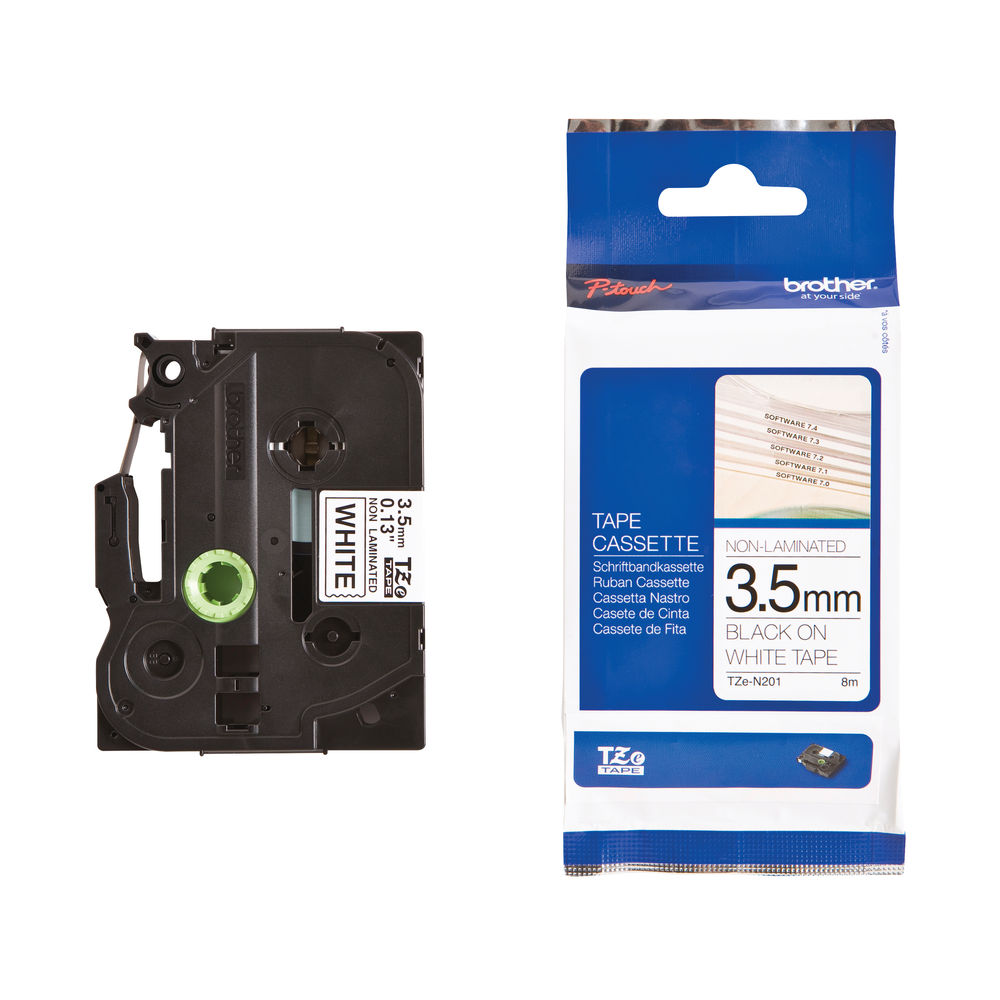 Brother TZEN201 Black on White 8m x 3.5mm Non Laminated Tape