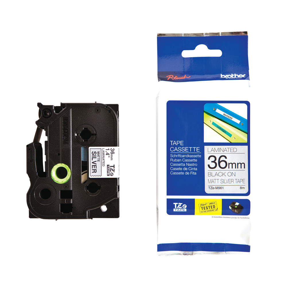 Brother TZEM961 Black on Silver 8m x 36mm Matt Tape