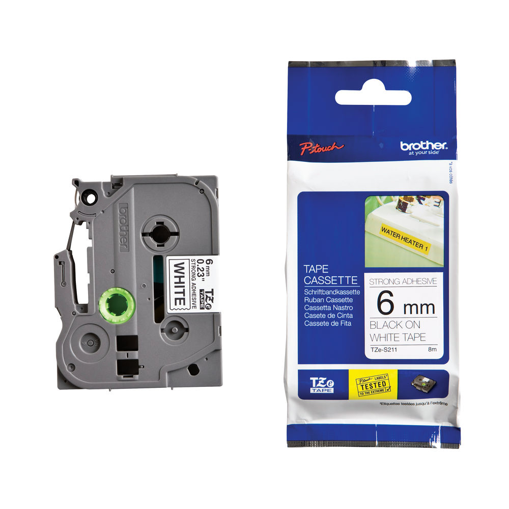 Brother TZE-S211 Black on White 8m x 6mm Strong Adhesive Tape