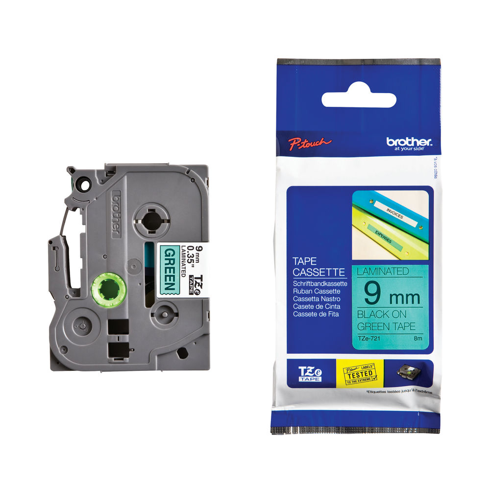 Brother TZE721 Black on Green 8m x 9mm Gloss Tape