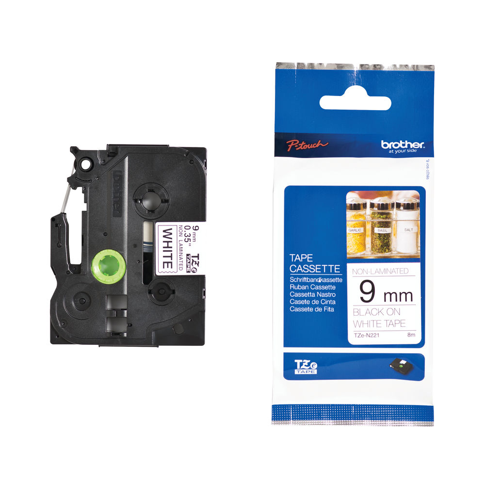 Brother TZEN221 Black on White 8m x 9mm Non Laminated Tape