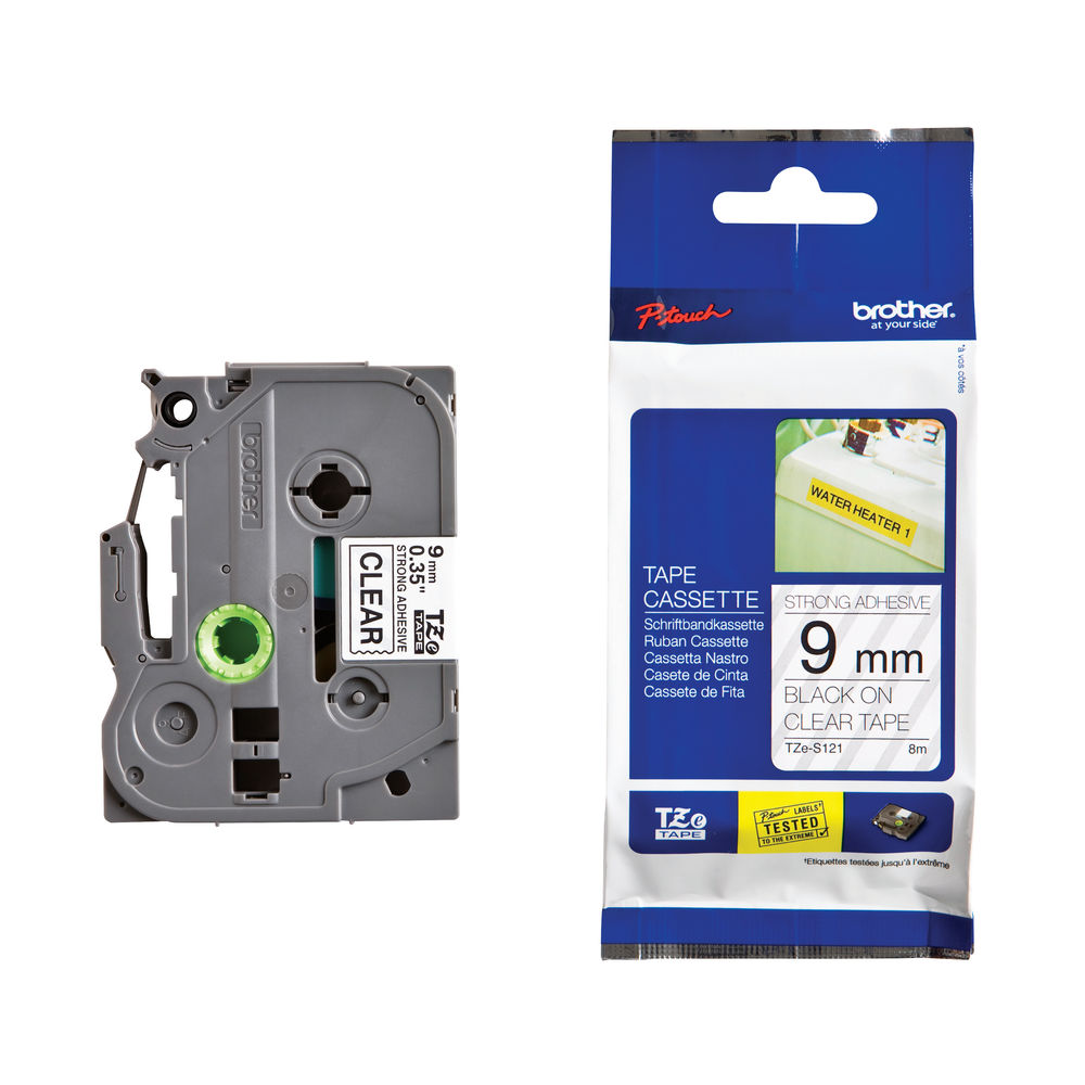 Brother TZES121 Black on Clear 8m x 9mm Strong adhesive Tape