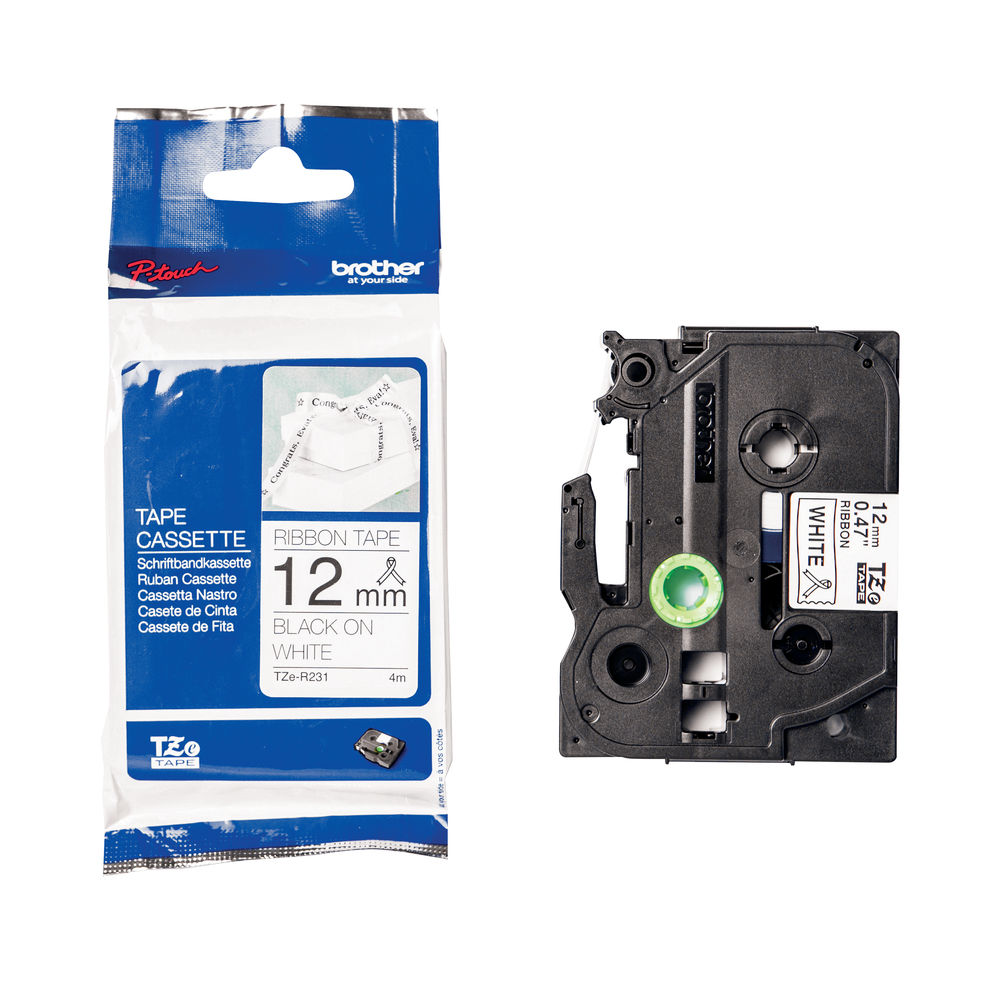 Brother P-Touch Ribbon Labelling Tape 12mm x 4m Black on White TZER231