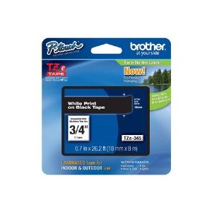 Brother TZE345 White on Black 8m x 18mm Gloss Tape