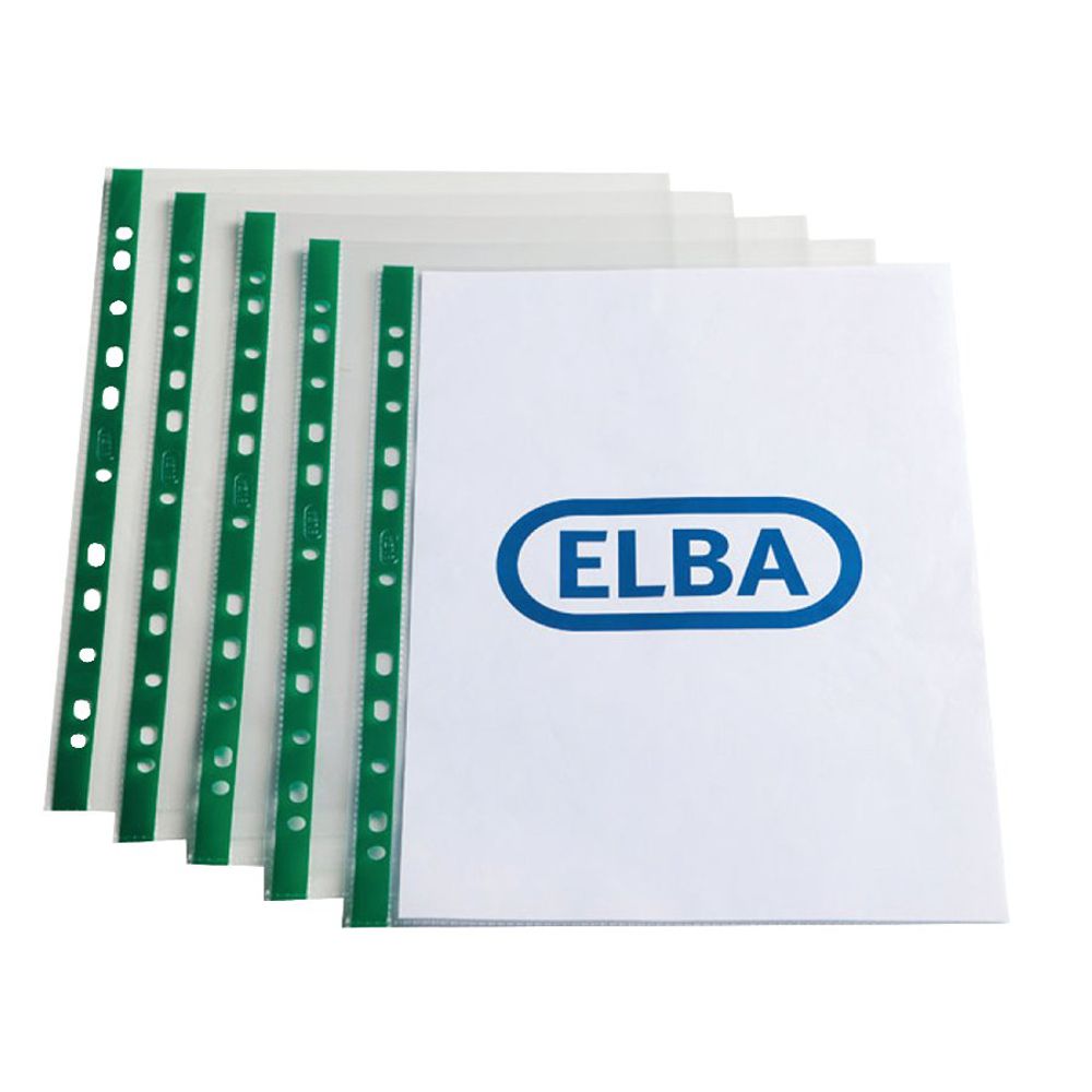 Elba Punch Pocket Green Spine A4 Clear [Pack of 100]